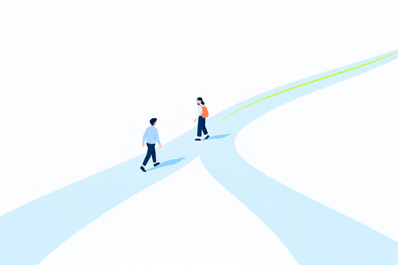分かれた道が合流する地点で、二人が歩み寄っている